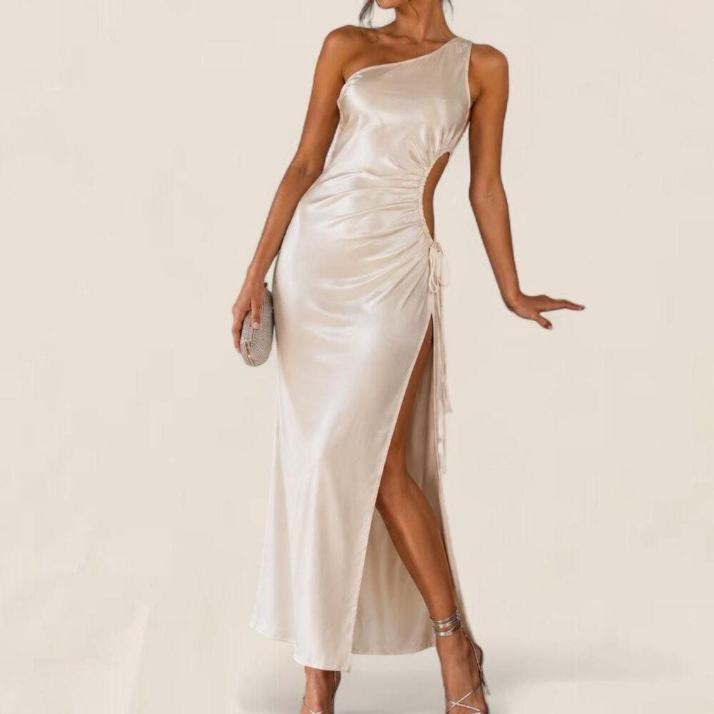SNDYS Silver Metallic Ruched Open cut out Side Slit Maxi Dress Size S nwt